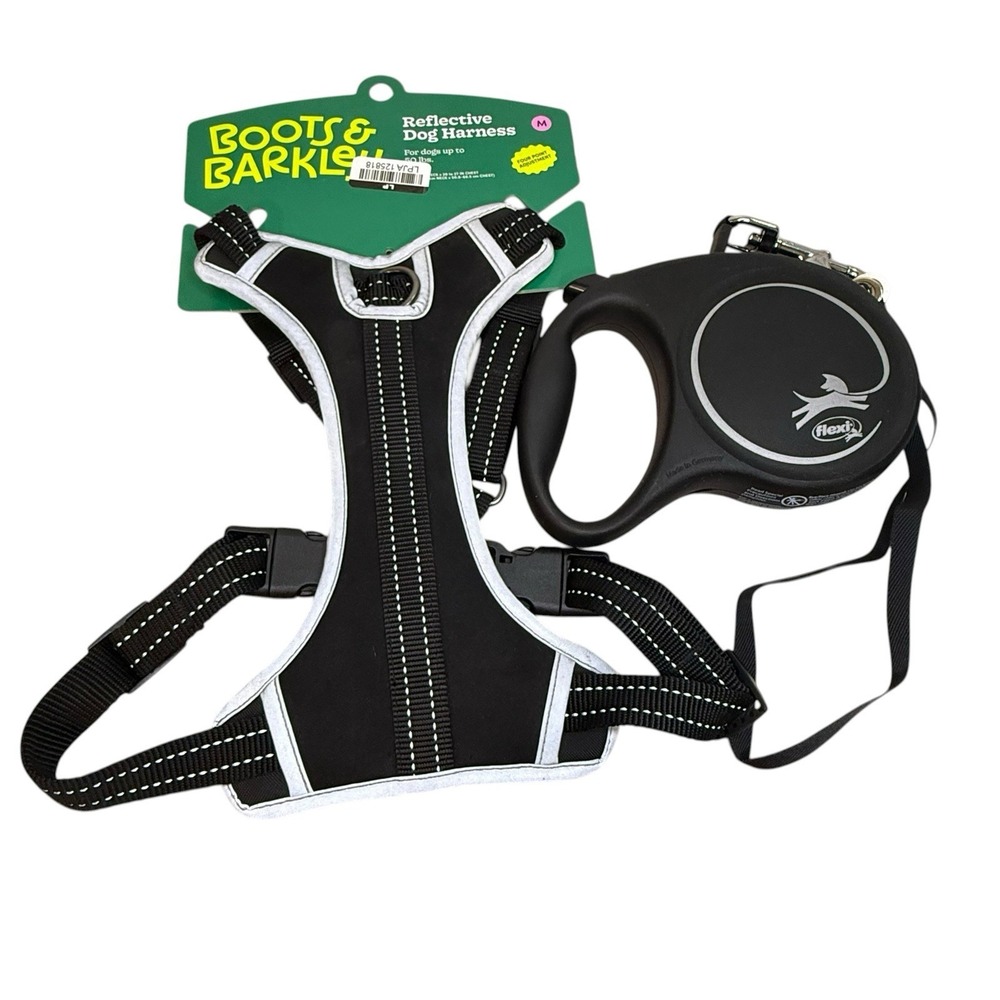 Boots and Barkley Medium Black Reflective Dog Harness And Retractable Leash Set - Picture 2 of 13